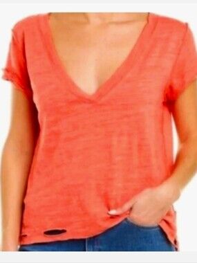 Free People We The Free Sundance Burnout Distressed Tee V-Neck Coral Red Medium